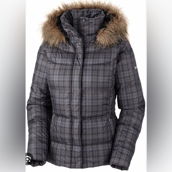 COLUMBIA Omni Tech Women’s Down Parka/Jacket. Plaid gray and black.  XL - Picture 1 of 14